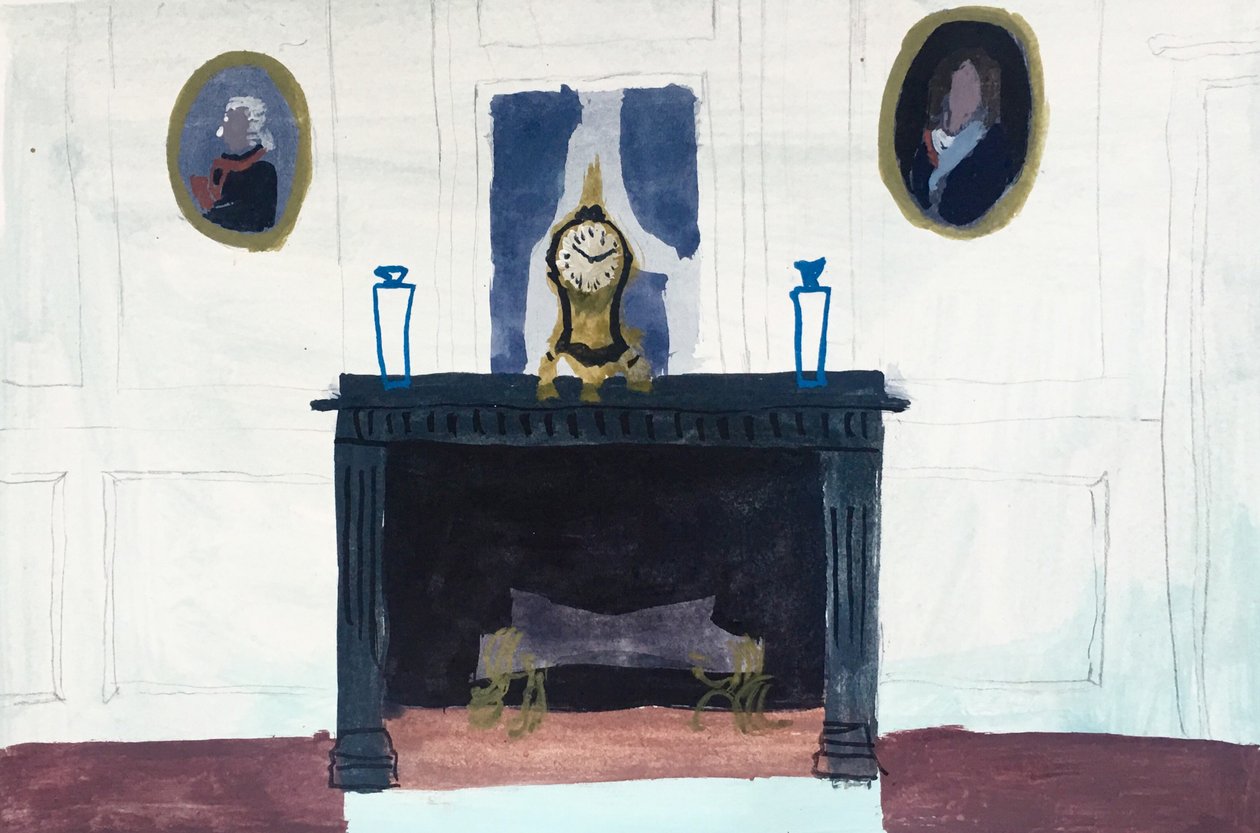 Interior with Clock, 2018 (vesiväri ja tempera paperille). tekijältä Maria Magenta