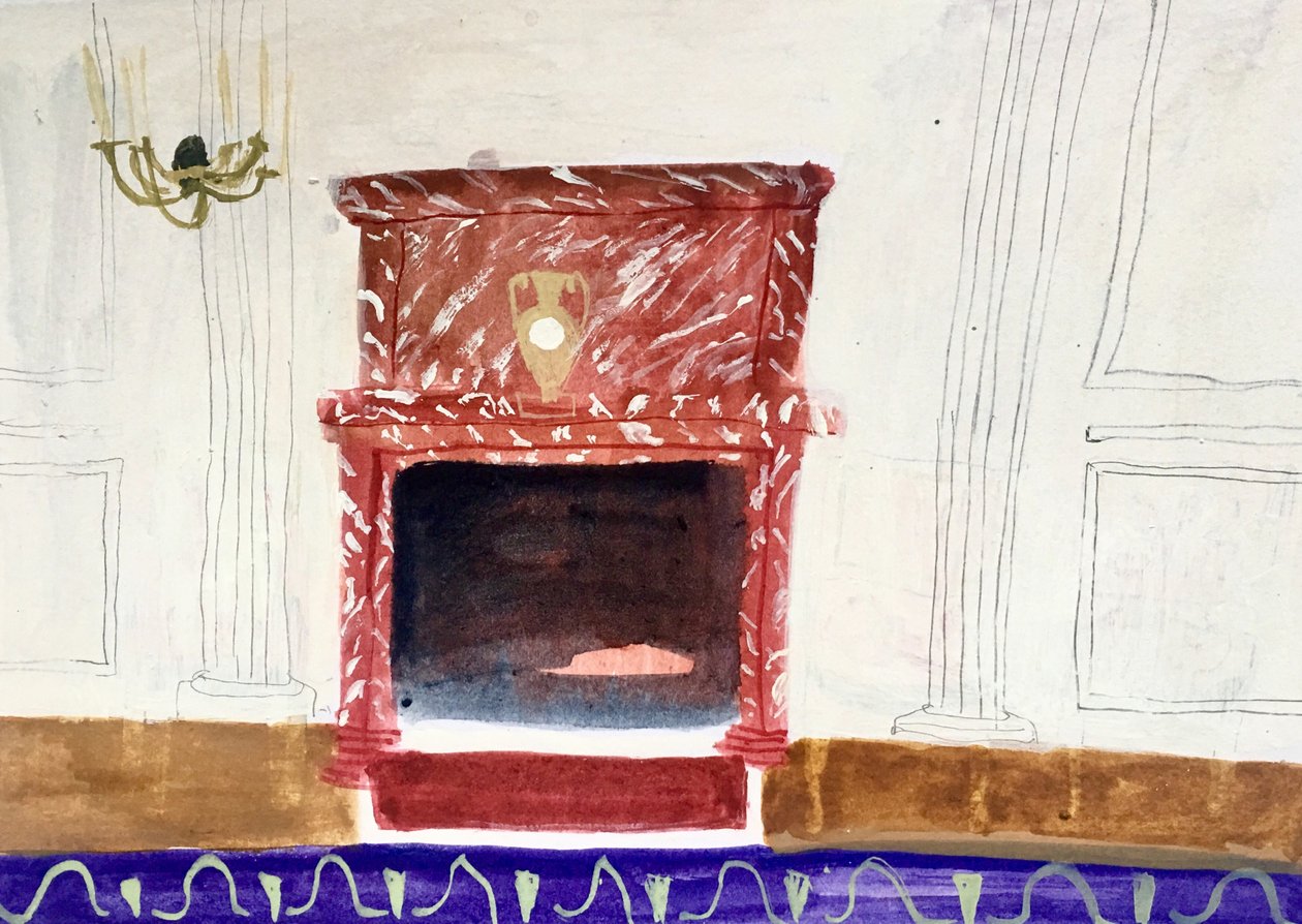 Interior with Red Chimney, 2018 (vesiväri ja tempera paperille) tekijältä Maria Magenta