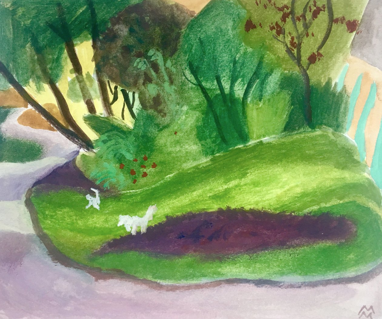 Paysage aves des Chiens Blancs, 2018 (akryyli ja akvarelli paperille) tekijältä Maria Magenta