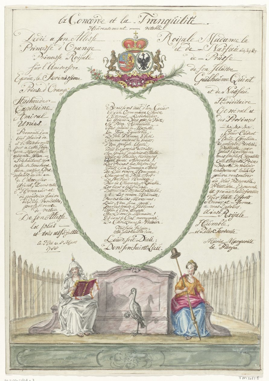 Jae prinsessa Wilhelminalle prinssi William V:n 40-vuotissyntymäpäivänä 1788 la Concorde et la Tranquilité (otsikko esineessä) tekijältä Maria Margaretha la Fargue