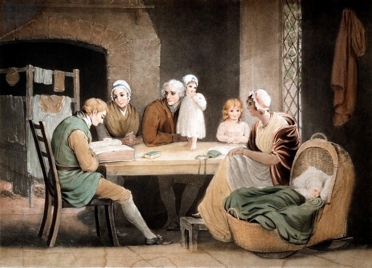 Kolme sukupolvea kuuntelemassa luettavaa perheen Raamatusta, c1800 tekijältä Maria Spilsbury