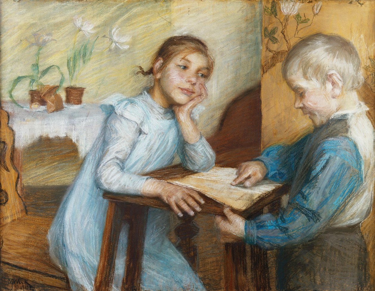 Sisustus, jossa poika lukee tytölle, 1912 tekijältä Maria Wiik