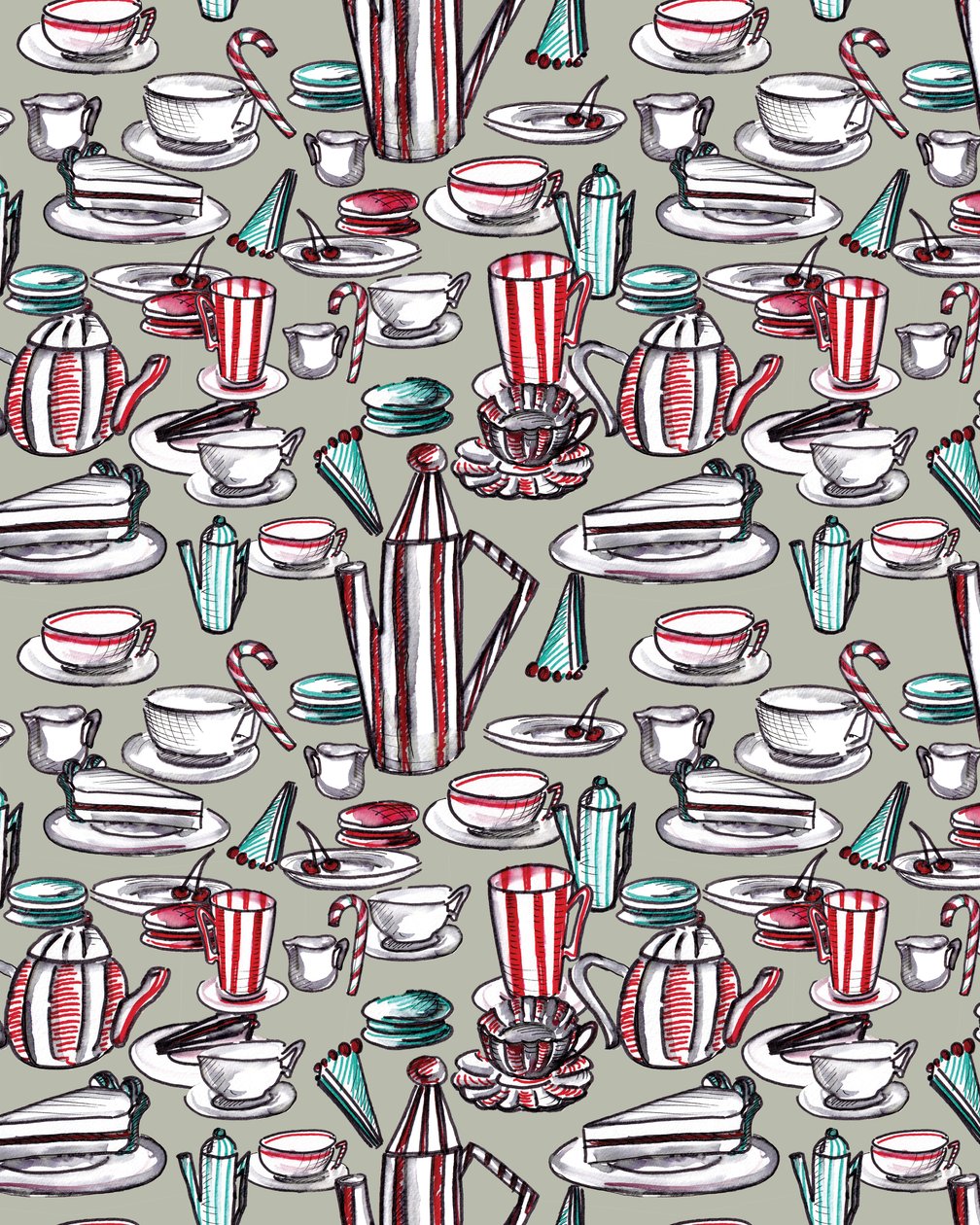 Candy Stripe Tea Party, 2020 ( akvarelli, kynä, paperille) tekijältä Marianna Kulukundis