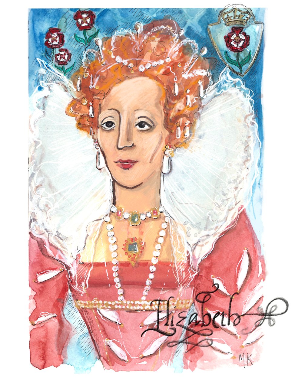 Kuningatar Elisabet I, 2018 (akvarelli paperille) tekijältä Marianna Kulukundis