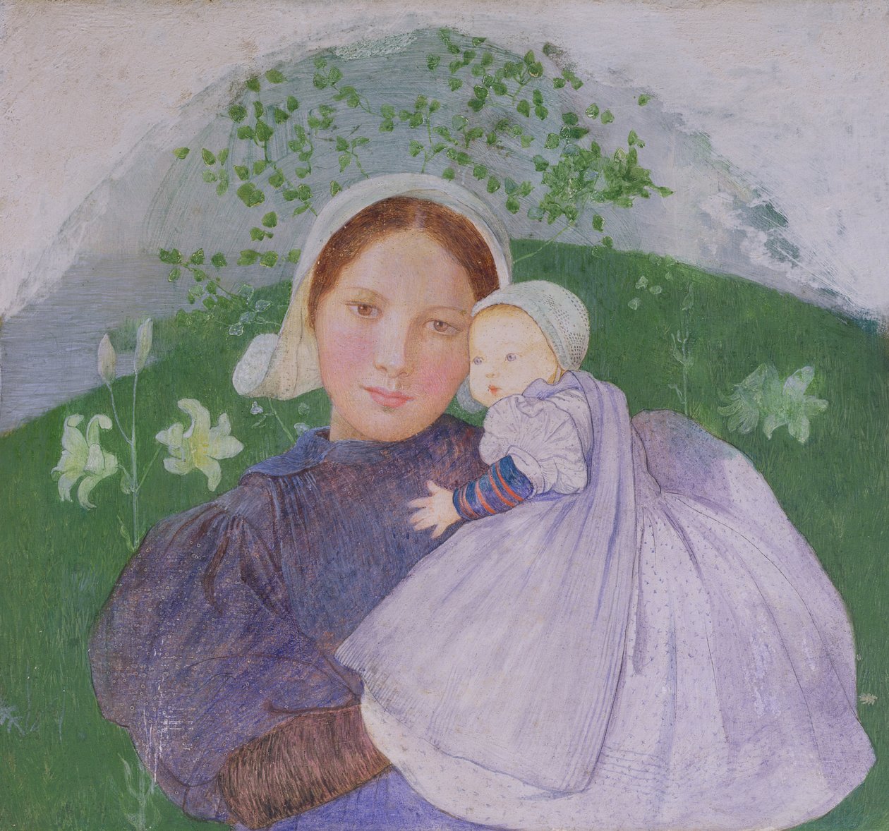 Äiti ja lapsi, n. 1899 (tempera ja gesso taulussa) tekijältä Marianne Stokes
