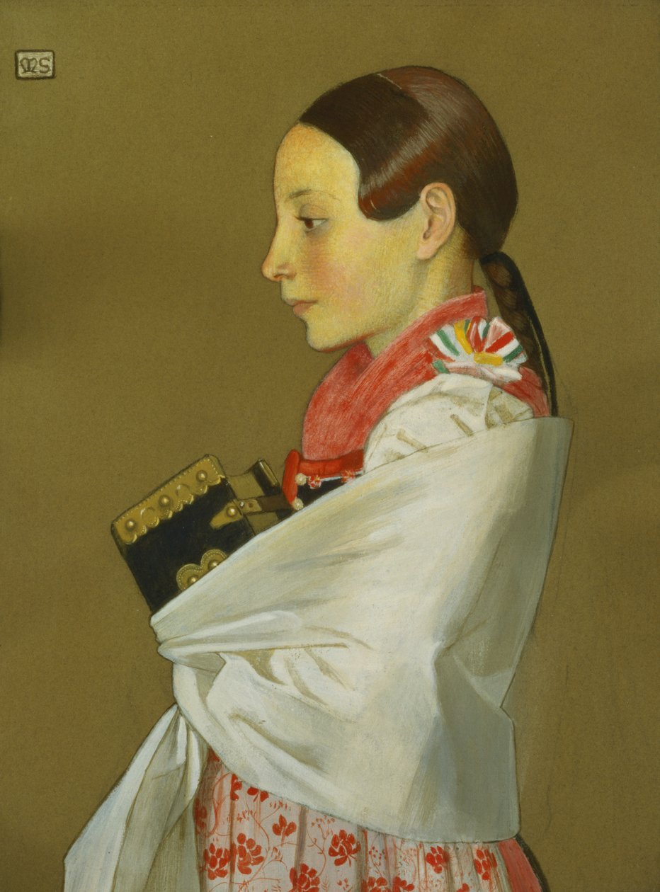 Menguszfalvan nuori tyttö menossa kirkkoon, n. 1905-07 (hiili ja guassi paperilla) tekijältä Marianne Stokes