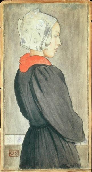 Hollantilainen tyttö, n. 1899 (akvarelli paperille) tekijältä Marianne Stokes
