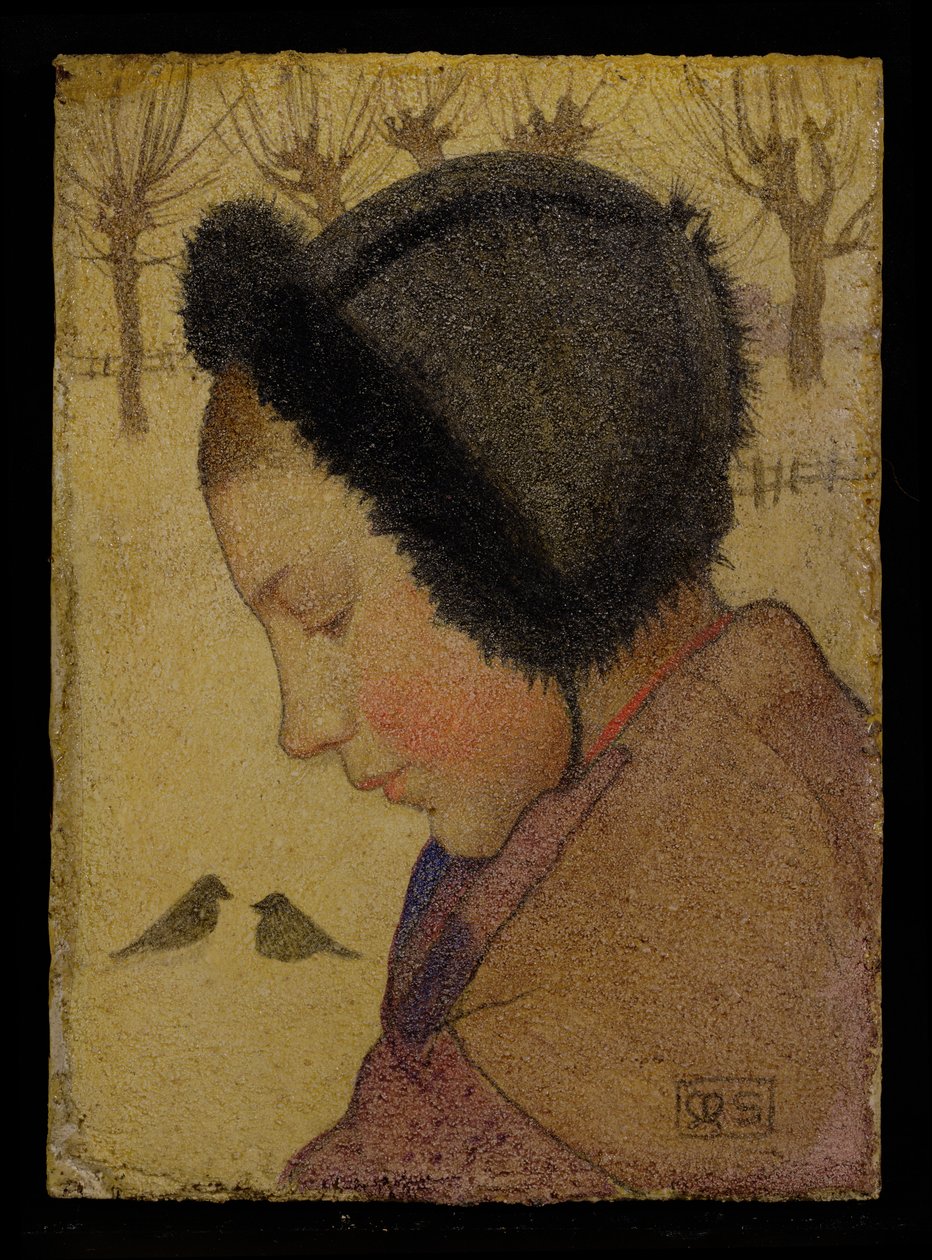 Nuoren tytön pää turkishatussa (öljyä ja gessoa laivalla) tekijältä Marianne Stokes