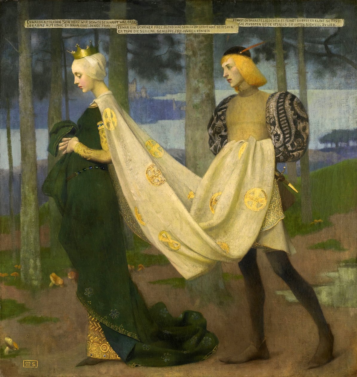 Kuningatar ja sivu ("There Once Was A King", kirjoittanut Heinrich Heine) Stokes, Marianne (1855-1927). Öljy kankaalle, koko: 101x96,5, , Yksityiskokoelma tekijältä Marianne Stokes