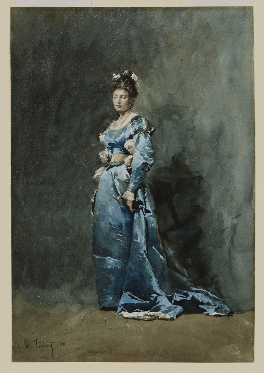 Nuori nainen sinisessä mekossa, 1866 (wc ja valkoinen guassi paperilla) tekijältä Mariano José María Bernardo Fortuny y Carbó