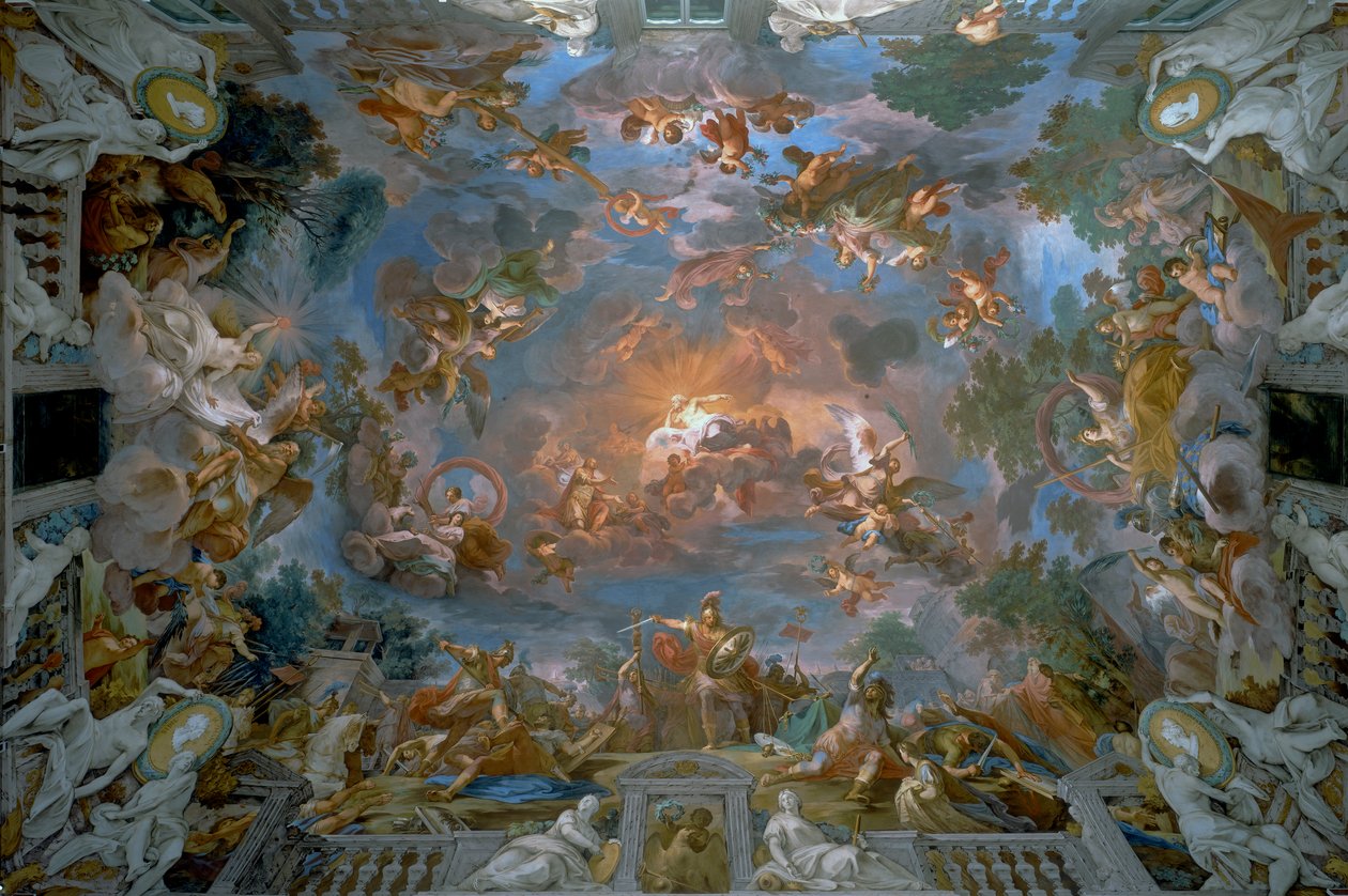 Camillus rikkoo sopimuksen Brennon kanssa ja kirkkauden vertauskuvat, sisääntuloaulan katto, Galleria Borghese tekijältä Mariano Rossi