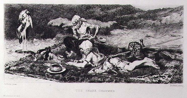 Snake Charmer, kaiverrus Emile Boilvin (1845-99) (kaiverrus) tekijältä Mariano (after) Fortuny