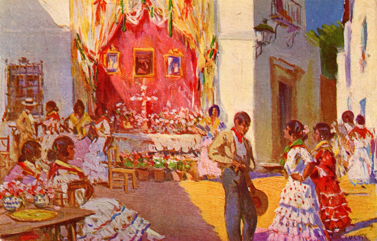 Katualttari Cruz de Mayo -festivaalia varten. Sevilla, Espanja (kuvitus) tekijältä Mariano Bertuchi