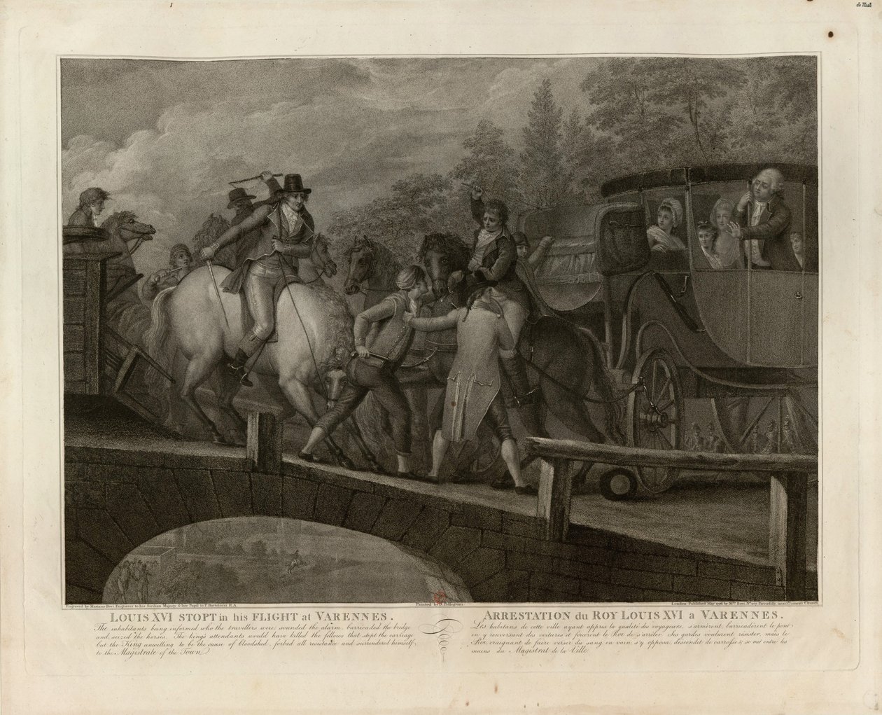 Ludvig XVI:n ja hänen perheensä pidätys Varennesissa, 22. kesäkuuta 1791, 1796. tekijältä Mariano Bovi