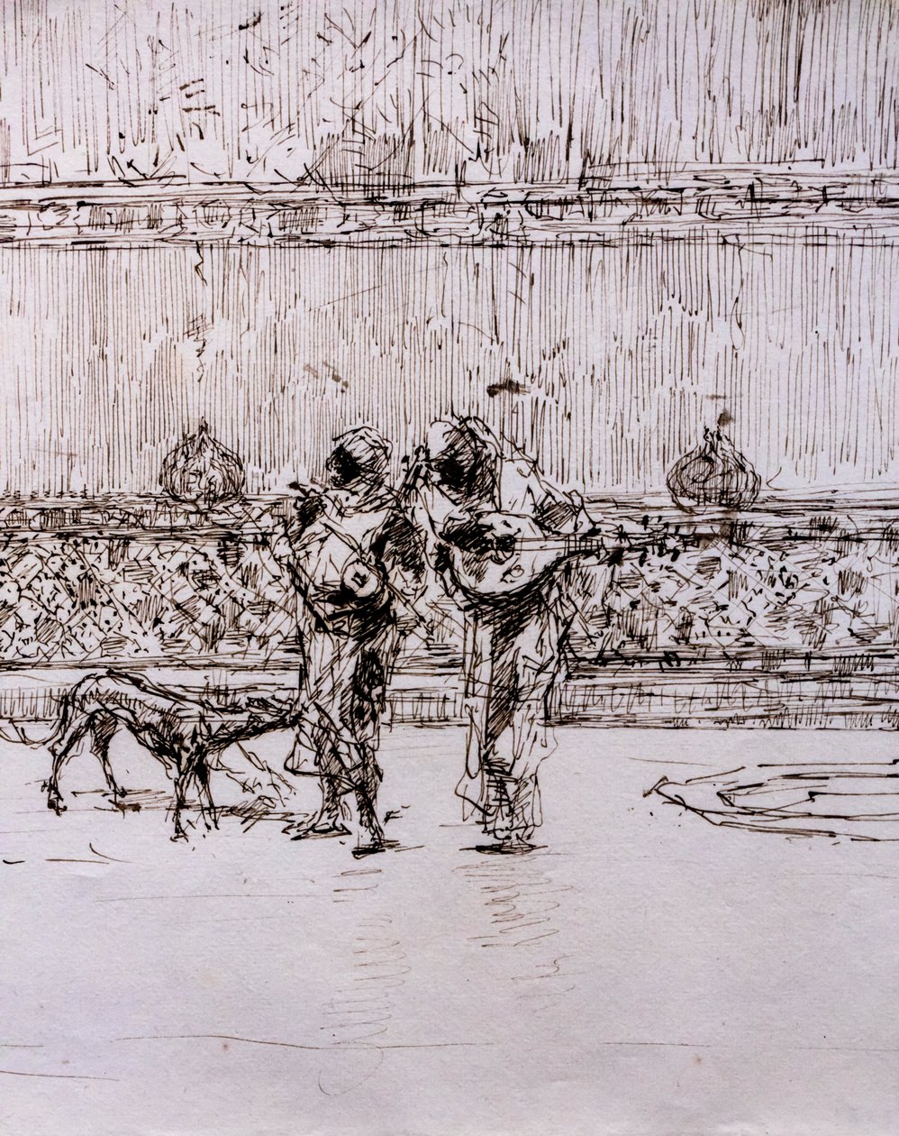 Arabimuusikoita maurilaisen kuninkaan edessä, noin 1870-71 (tussi ja muste vellapaperille). tekijältä Mariano Fortuny