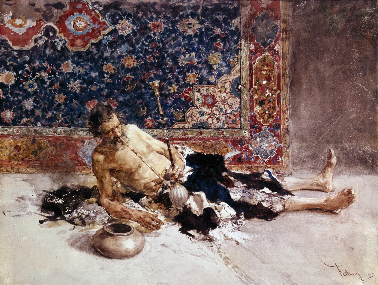 Oopiumin tupakoitsija. Oopiumin tupakoitsija. Mariano Fortuny y Marsalin (1838-1874) maalaus tekijältä Mariano Fortuny y Marsal