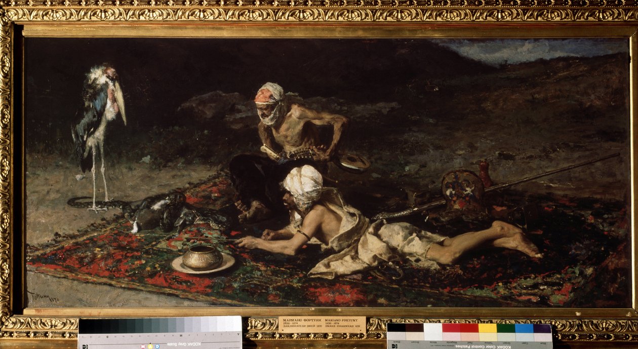 ""Els encantadors de serps"" Encantadors de serps hindús que ofereixen un conill a la serp (Encantadors de serps hindúes). Pintura de Mariano Fortuny y Marsal (1838-1874)""The Snake Charmers"" Encantadors de serps hindús oferint un conill per menjar a la s tekijältä Mariano Fortuny y Marsal