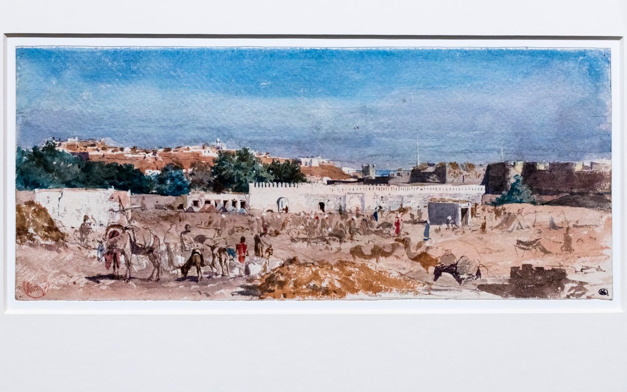 Pohjois-Afrikan maisema, vuoden 1862 jälkeen (akvarelli grafiittijäljen päälle paksulle paperimassalle). tekijältä Mariano Fortuny