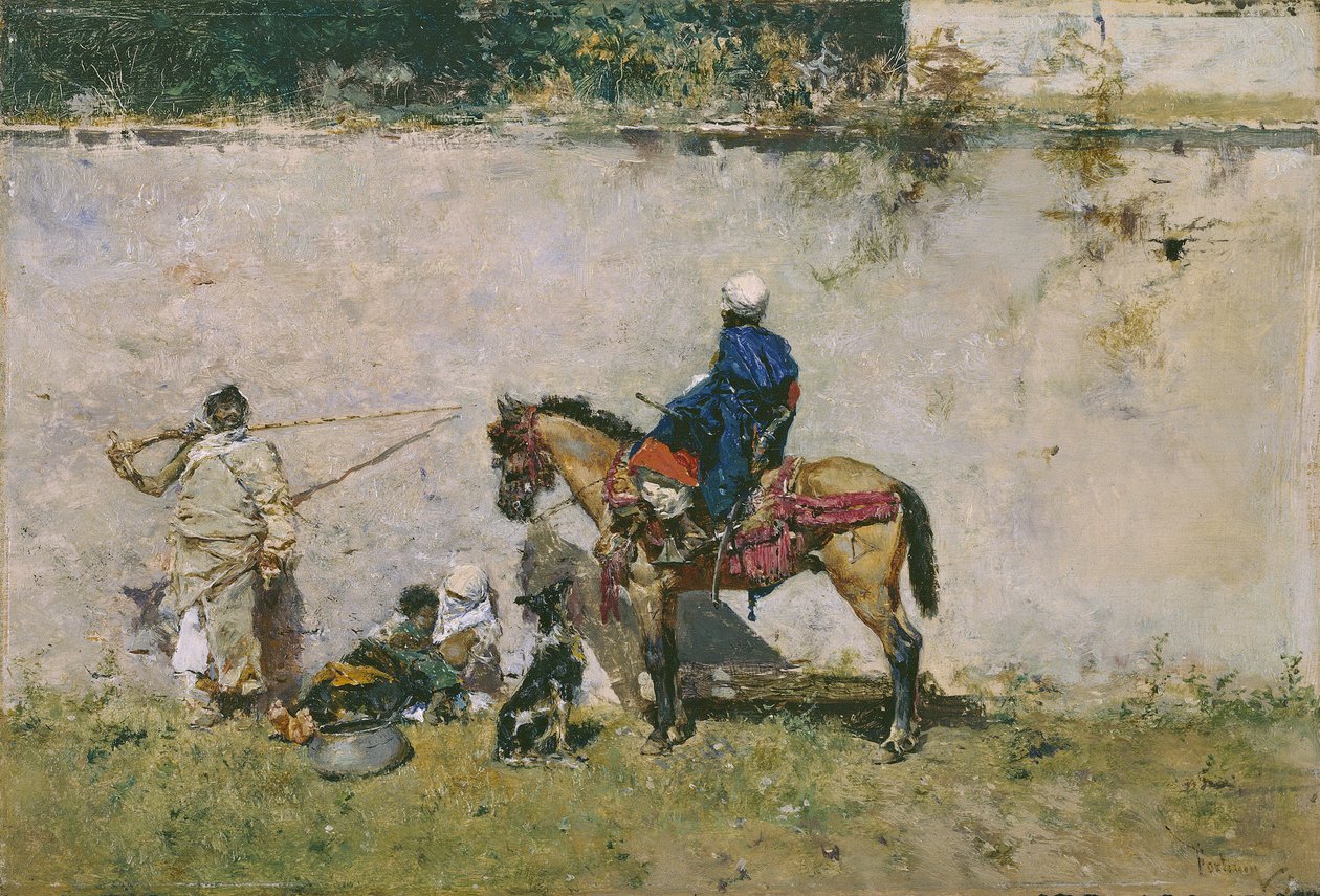 Orientalismi: marokkolainen perhe veden äärellä (marokkolaiset) - Mariano Fortunyn (1838-1874) maalaus tekijältä Mariano Fortuny y Marsal