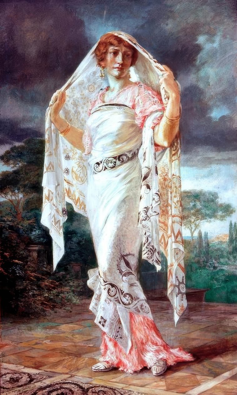 Muotokuva Henriette Fortunysta pompeilaisessa asussa tekijältä Mariano Fortuny y Madrazo