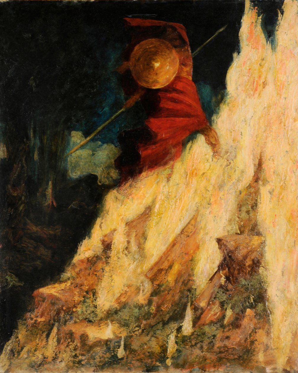 Valkyrie. Wotan iskee keihään kallioon, c. 1895. tekijältä Mariano Fortuny y Madrazo