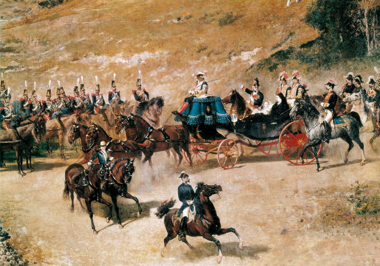 Kuningatar María Cristina ja hänen tyttärensä Isabel II, katsaus Madridia vuonna 1837 puolustaviin tykistöpattereihin, yksityiskohta, n. 1866 (öljy kankaalle) tekijältä Mariano José María Bernardo Fortuny y Carbó