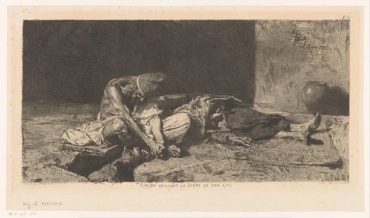Arabimies valvoo ystävänsä ruumista Arabe veillant sur le corps de son ami (otsikko esineessä) tekijältä Mariano José María Bernardo Fortuny y Carbó