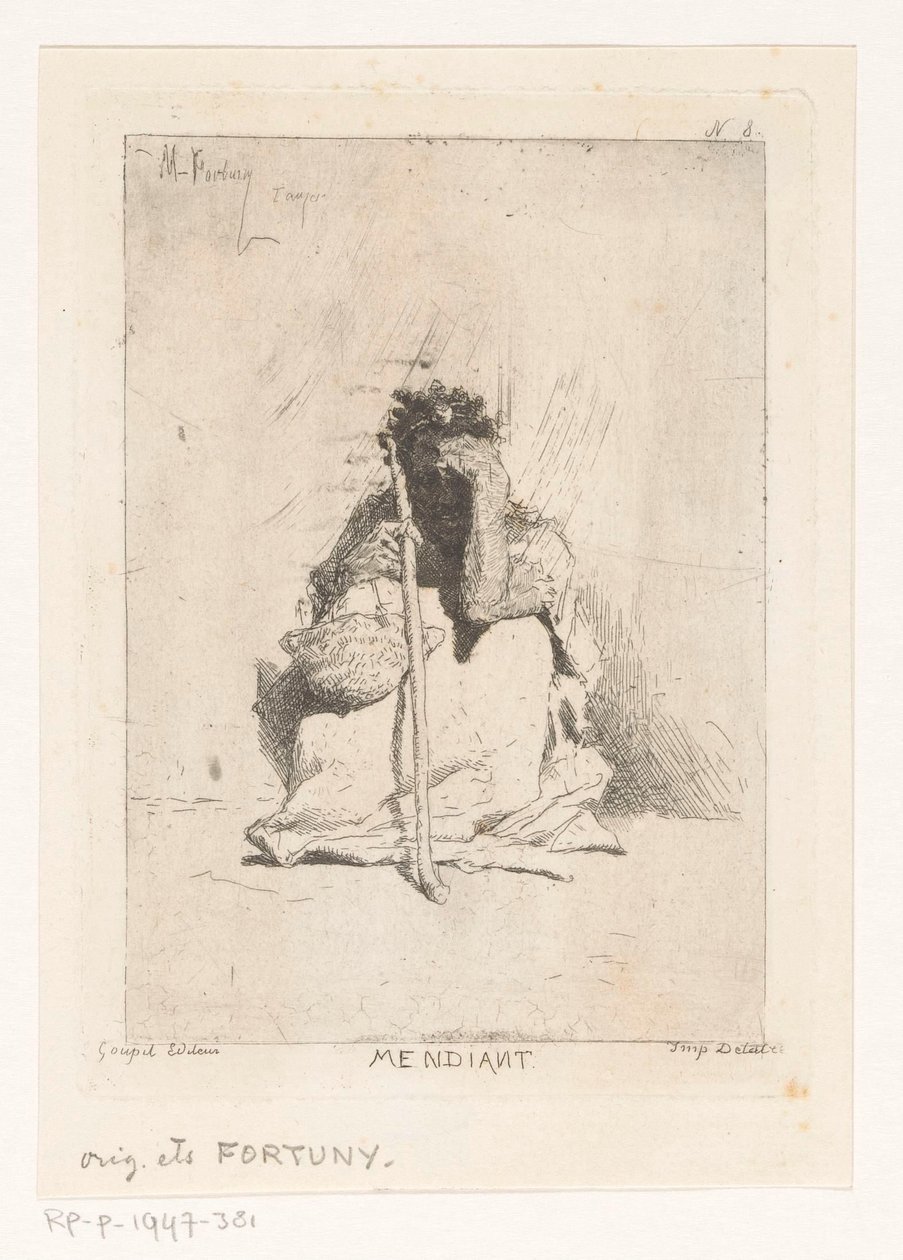 Istuva kerjäläinen kepillä Mendiant (otsikko esineessä) tekijältä Mariano José María Bernardo Fortuny y Carbó