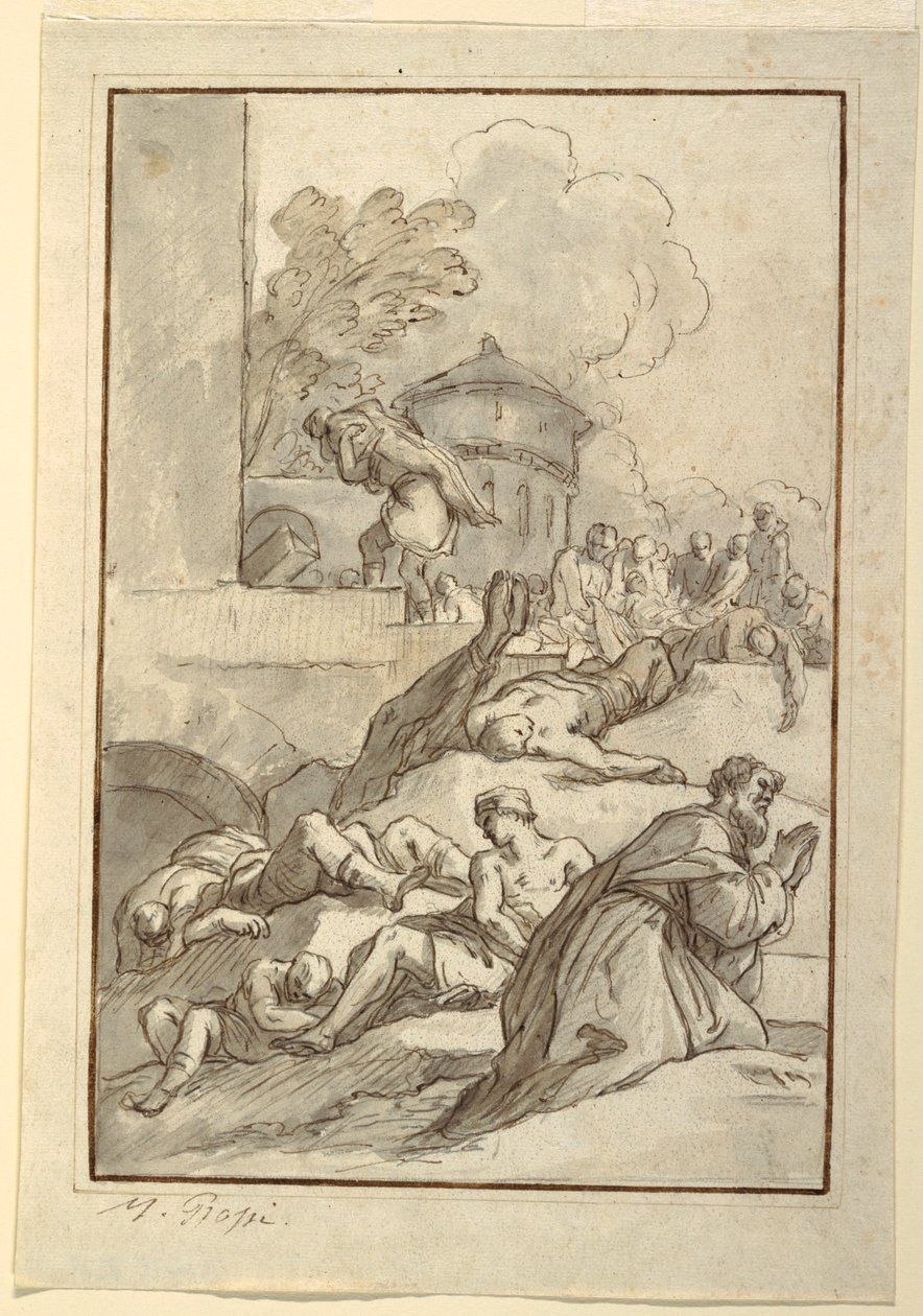Piirros, Pyhimyksen tutkiminen ruttoaikana, n. 1790. tekijältä Mariano Rossi