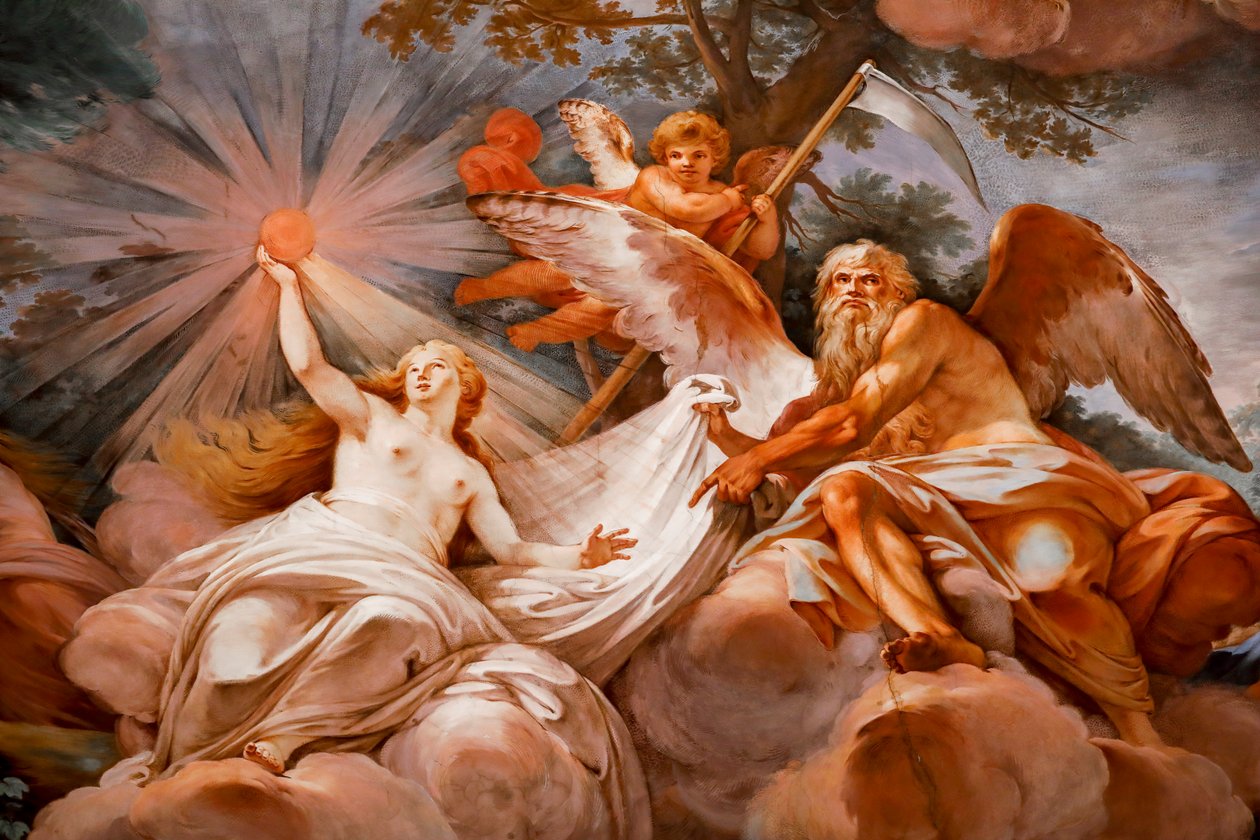 Jupiter toivottaa Romuluksen tervetulleeksi Olympukseen. Yksityiskohta Romuluksen apoteoosista 1775 -1779, fresko tekijältä Mariano Rossi