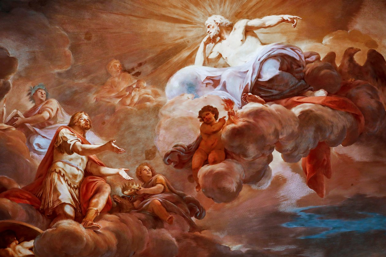 Jupiter toivottaa Romuluksen tervetulleeksi Olympukseen. Yksityiskohta "Romulun apoteoosista" 1775 -1779, fresko tekijältä Mariano Rossi