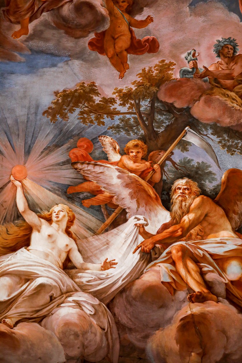 Jupiter toivottaa Romuluksen tervetulleeksi Olympukseen. Yksityiskohta "Romulun apoteoosista" 1775 -1779, fresko tekijältä Mariano Rossi