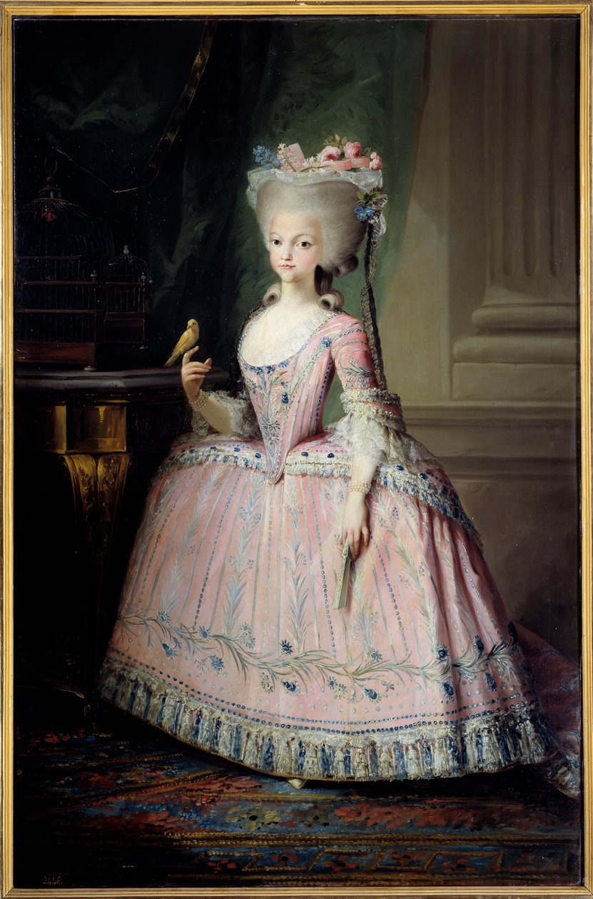 Carlota Joaquinan (1775-1830) muotokuva jalassa. Espanjan lapsi ja Portugalin kuningatar Mariano Maellan (1739-1819) maalaus (esp.) 1700-luvun su. 1,77 x 1,16 m Madrid, Pradon museo – Charlotte Joaquinan (1775-1830) prinsessan täyspitkä muotokuva tekijältä Mariano Salvador de Maella