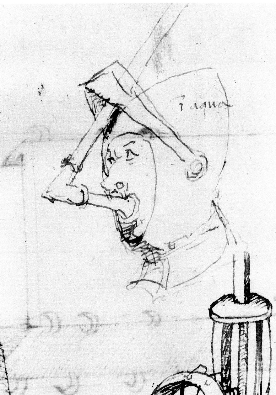 Drawing depicting the transformation of a helmet into an underwater mask. The visor is used to hold the repiratory tube - in “” De Ingeneis”” by Mariano di Jacopo, said Il Taccola 15th century.   1057504   fi       finnish Successfully Translated  Original tekijältä Mariano di  Jacopo 