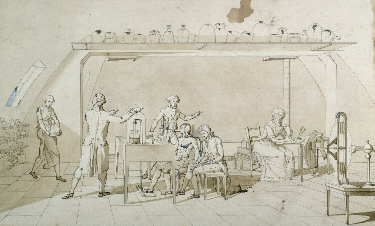 Antoine Lavoisier (1743-94) ja hänen hengityskokeensa (kynä ja muste ja seepiapesu paperille) tekijältä Marie Anne Pierrette Lavoisier