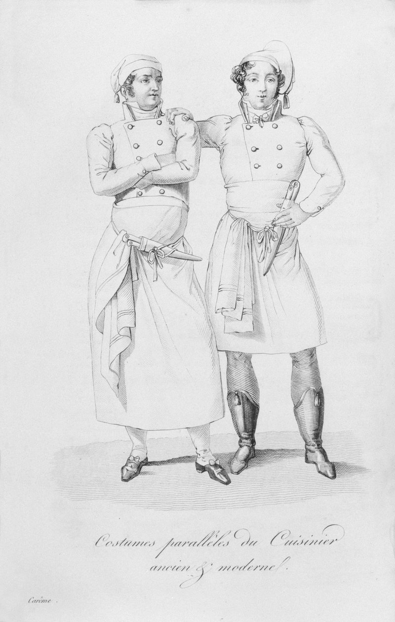 Eri aikakausien kokkien asut Marie Antoine Caremen vuonna 1822 julkaistusta Le Maitre d