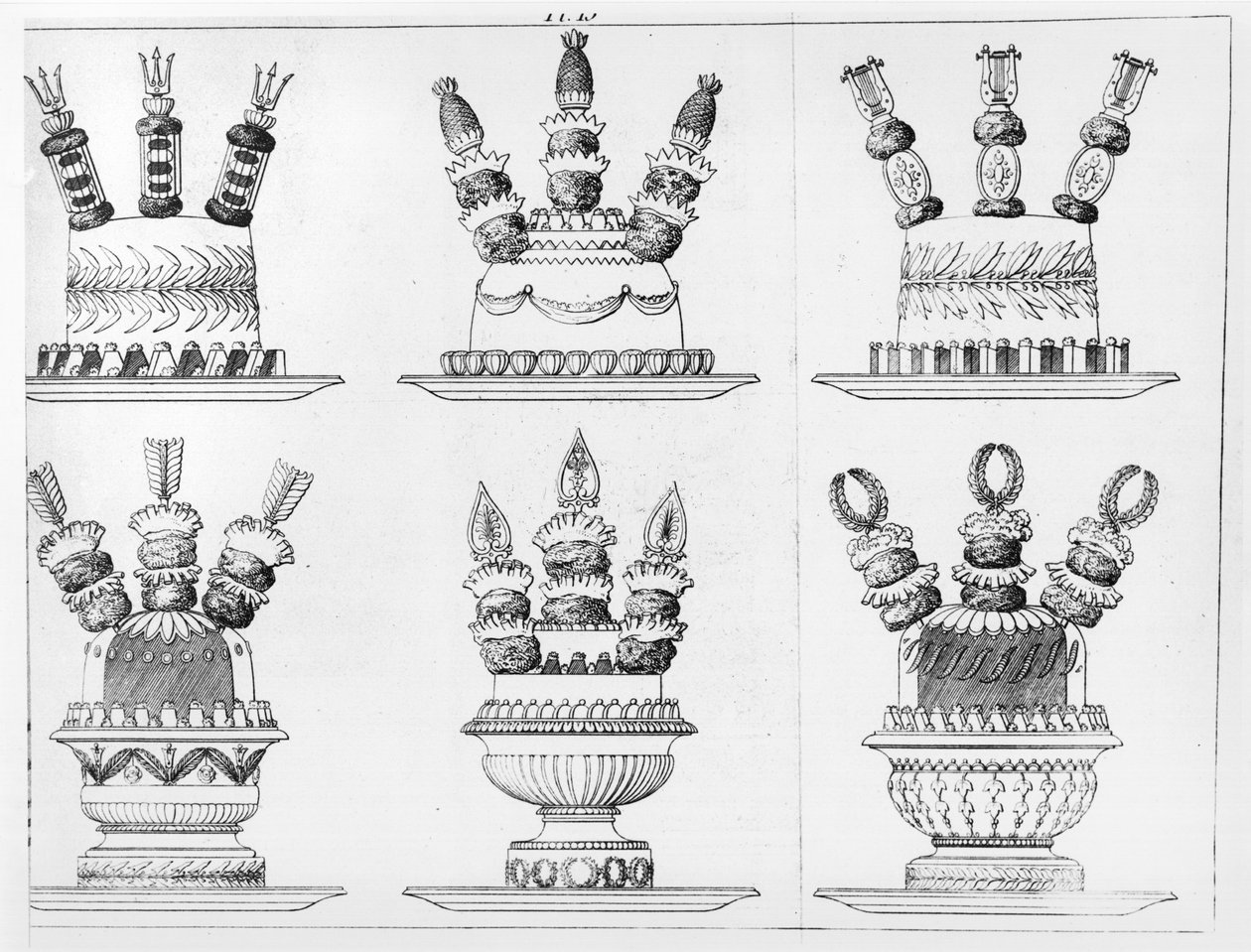 Ruoan koristeluun liittyviä malleja Antoine Caremen vuonna 1842 julkaistusta teoksesta "Le Cuisinier parisien". tekijältä Marie Antoine Careme