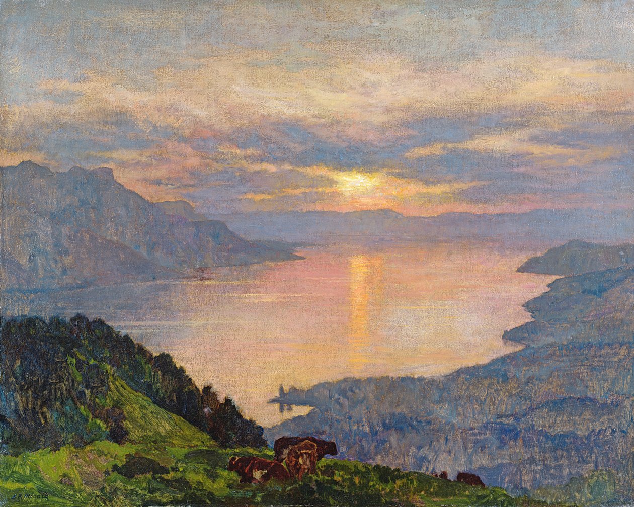Auringonlasku Genevejärvellä, 1907 tekijältä Marie Auguste Emile Rene Menard