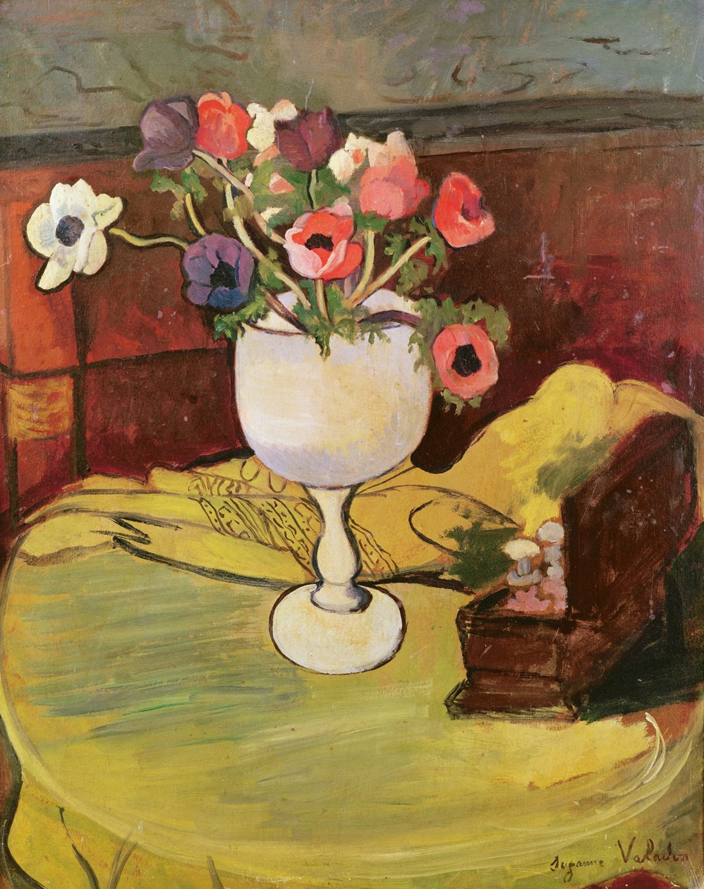 Maljakko kukkia, vuokkoja valkoisessa lasissa tekijältä Marie Clementine (Suzanne) Valadon