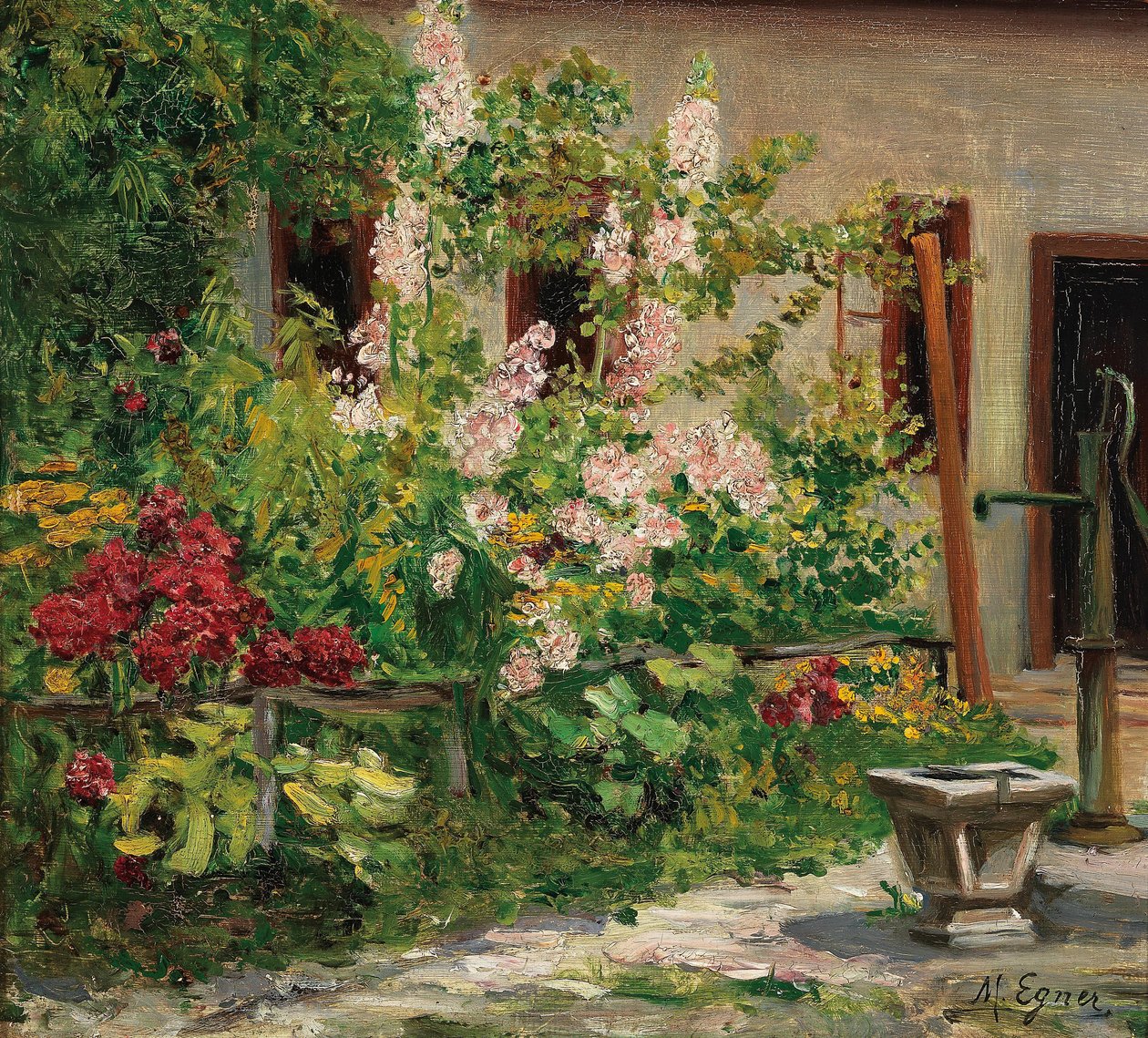  Etupuutarha, jossa on kukkivia HollyhocksnEnglish: Front Garden with Blossoming Hollyhocksn tekijältä Marie Egner