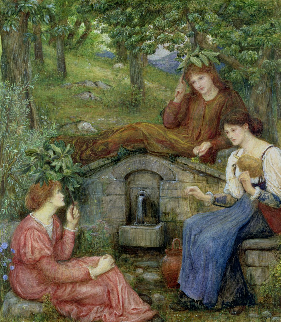 Kirkkaalla kaivolla pienellä pellolla, 1883 (wc ja guassi paperille) tekijältä Marie Spartali Stillman
