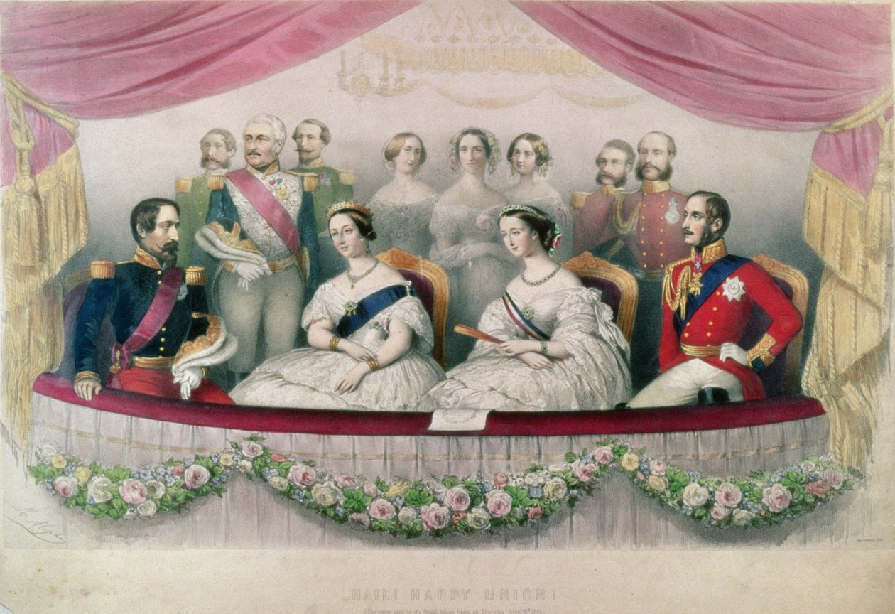 Hail Happy Union, kuningatar Victorian, prinssi Albertin ja Ranskan keisarin ja keisarinnan valtionvierailu Italian kuninkaalliseen oopperaan, 1855 tekijältä Marie Alexandre Alophe