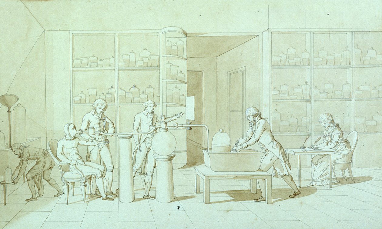 Antoine Lavoisier (1743-94) ja hänen hengityskokeensa (kynä ja muste ja seepia wash paperille). tekijältä Marie Anne Pierrette Lavoisier
