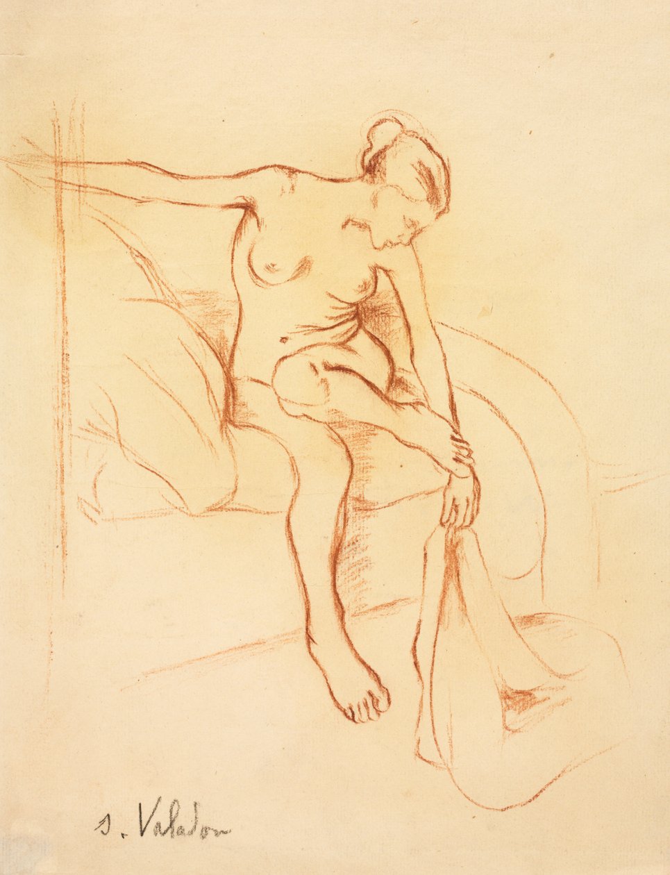 Alaston nainen istuu sängyllä, ensimmäinen kolmas 1900-luku. tekijältä Marie Clementine (Suzanne) Valadon