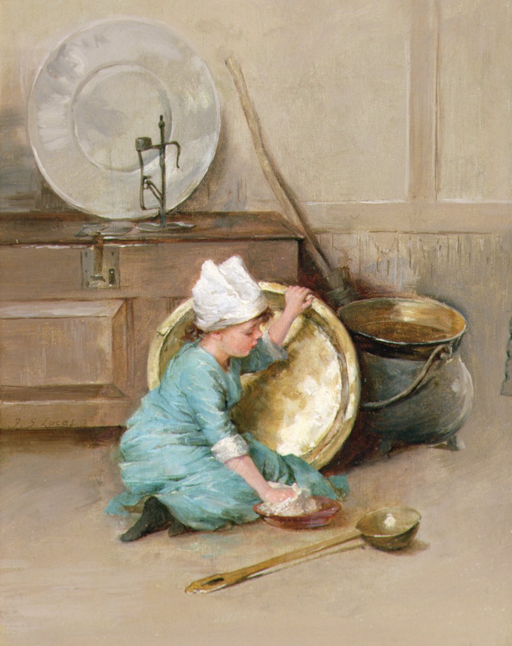Messingin kiillotus, noin 1900 (öljy paneelille) tekijältä Marie Elizabeth Seymour Lucas