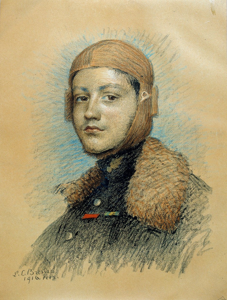 Ranskalaisen sotalentäjän Georges Guynemerin (1894-1917) muotokuva. Piirustus helmikuulta 1916. Piirustus Marie Louise Catherine Breslau (1856-1928) ec.suis. tekijältä Marie Louise Catherine Breslau