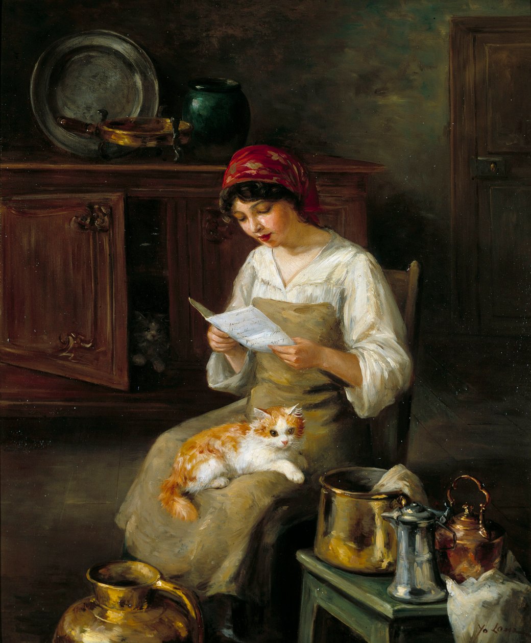 Nuori nainen lukee kirjettä. Marie-Yvonne Laur Dite Yon (1879-1943) maalaus tekijältä Marie Yvonne Yo Laur