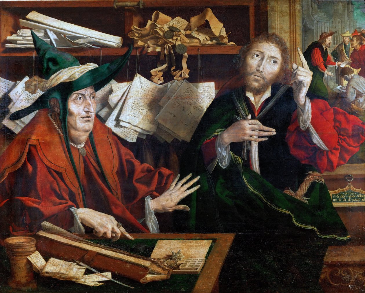 La parabole du gerant malhonnete - Vertaus epäoikeudenmukaisesta taloudenhoitajasta, kirjoittanut Reymerswaele, Marinus Claesz, van (noin 1490-1567 jälkeen). Öljy puulle, n. 1540. Mitat: 77 x 96,5 cm. Taidehistoriallinen museo, Vienne tekijältä Marinus van Reymerswaele