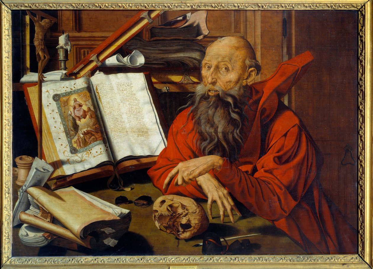 Saint Jerome Meditant - Marinus Claeszoon van Reymerswaelen (1493 - 1567) maalaus (Vanita) Ec. Hol. tekijältä Marinus van Reymerswaele