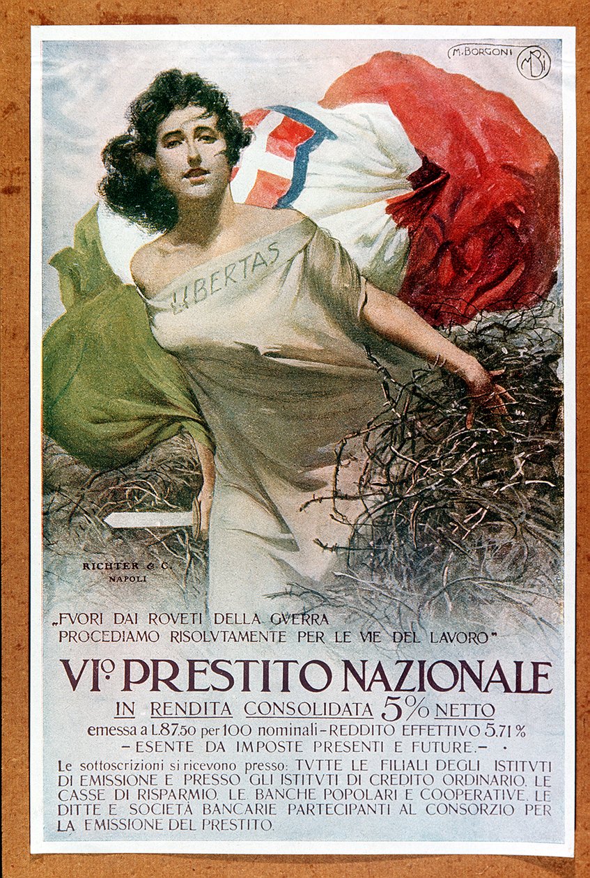 Italialainen allegorinen kuvitus Kansallislainasta, noin 1918 (juliste). tekijältä Mario Borgoni